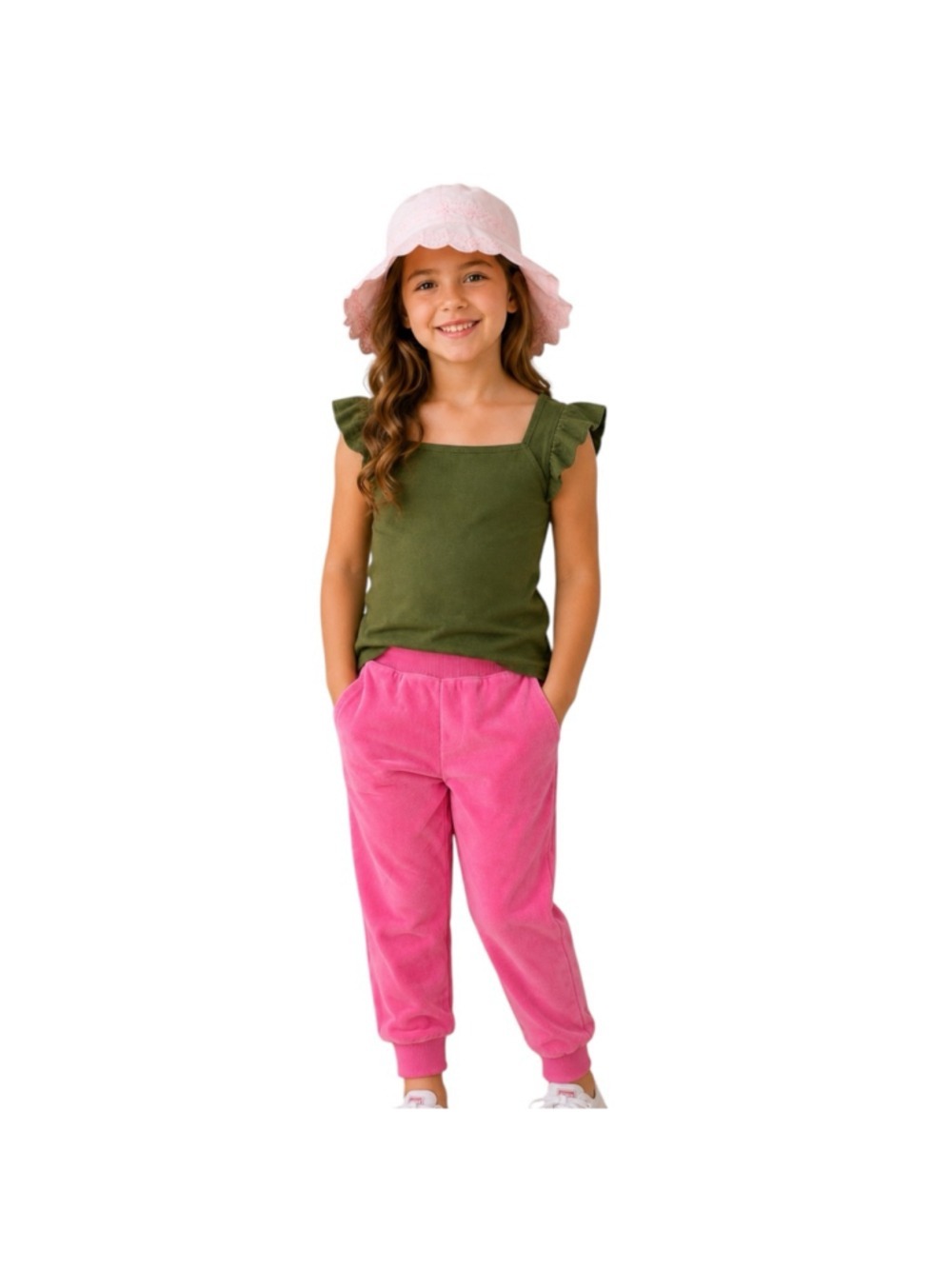 Janie and Jack Girls Bundle Pink Embroidered Sun Hat Green Flutter Sleeve Top Pi